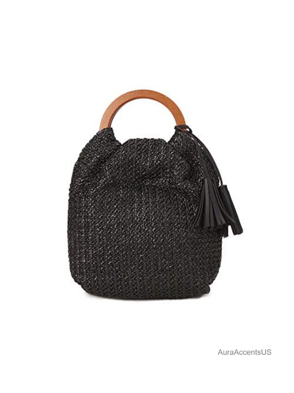 Handwoven Straw Tote Bag with Wooden Handle Leather Tassels Boho Summer Beach